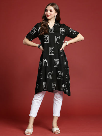 Women Black & White Tribal Print Shirt Collar Kurta