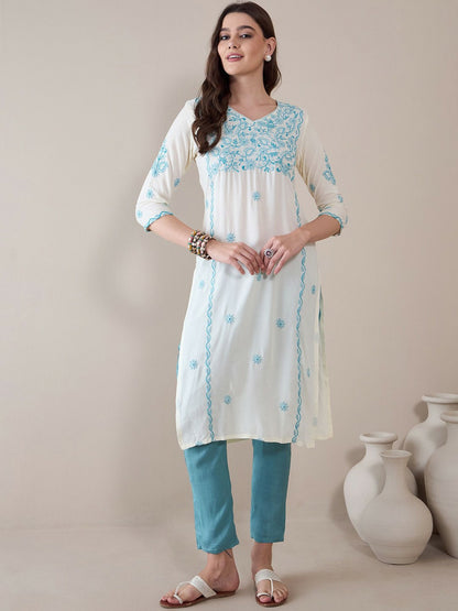 Floral Embroidered Thread Work Regular Straight Kurta