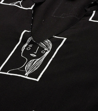 Women Black & White Tribal Print Shirt Collar Kurta