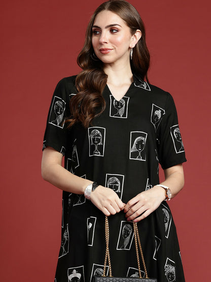 Women Black & White Tribal Print Shirt Collar Kurta