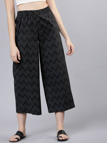 Charcoal & Black Boho Printed Harem Pants – Flared Palazzo, Gypsy Peasant Style | Indiaista