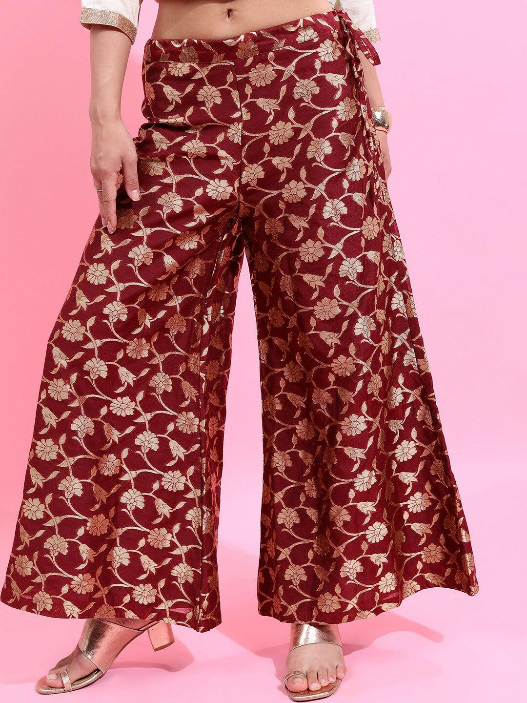 Maroon & Gold Boho Harem Pants – Ethnic Motif Flared Palazzos for Women | Indiaista