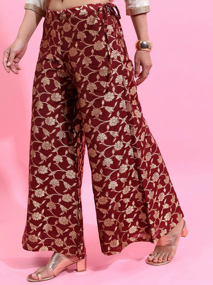 Maroon & Gold Boho Harem Pants – Ethnic Motif Flared Palazzos for Women | Indiaista