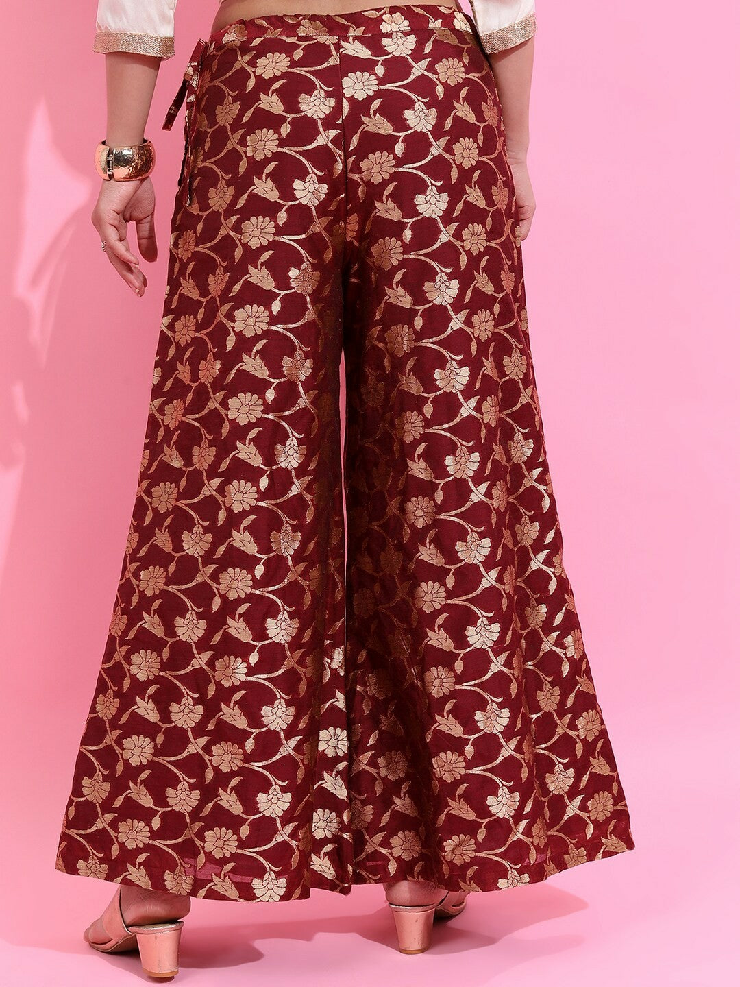 Maroon & Gold Boho Harem Pants – Ethnic Motif Flared Palazzos for Women | Indiaista