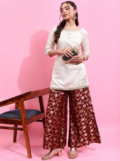 Maroon & Gold Boho Harem Pants – Ethnic Motif Flared Palazzos for Women | Indiaista