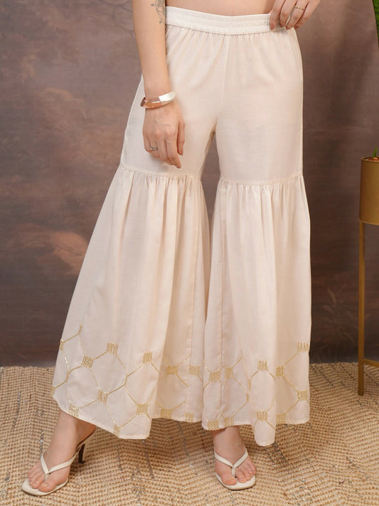 Beige & Gold Embroidered Harem Pants – Boho Gypsy Peasant Palazzo for Women | Indiaista