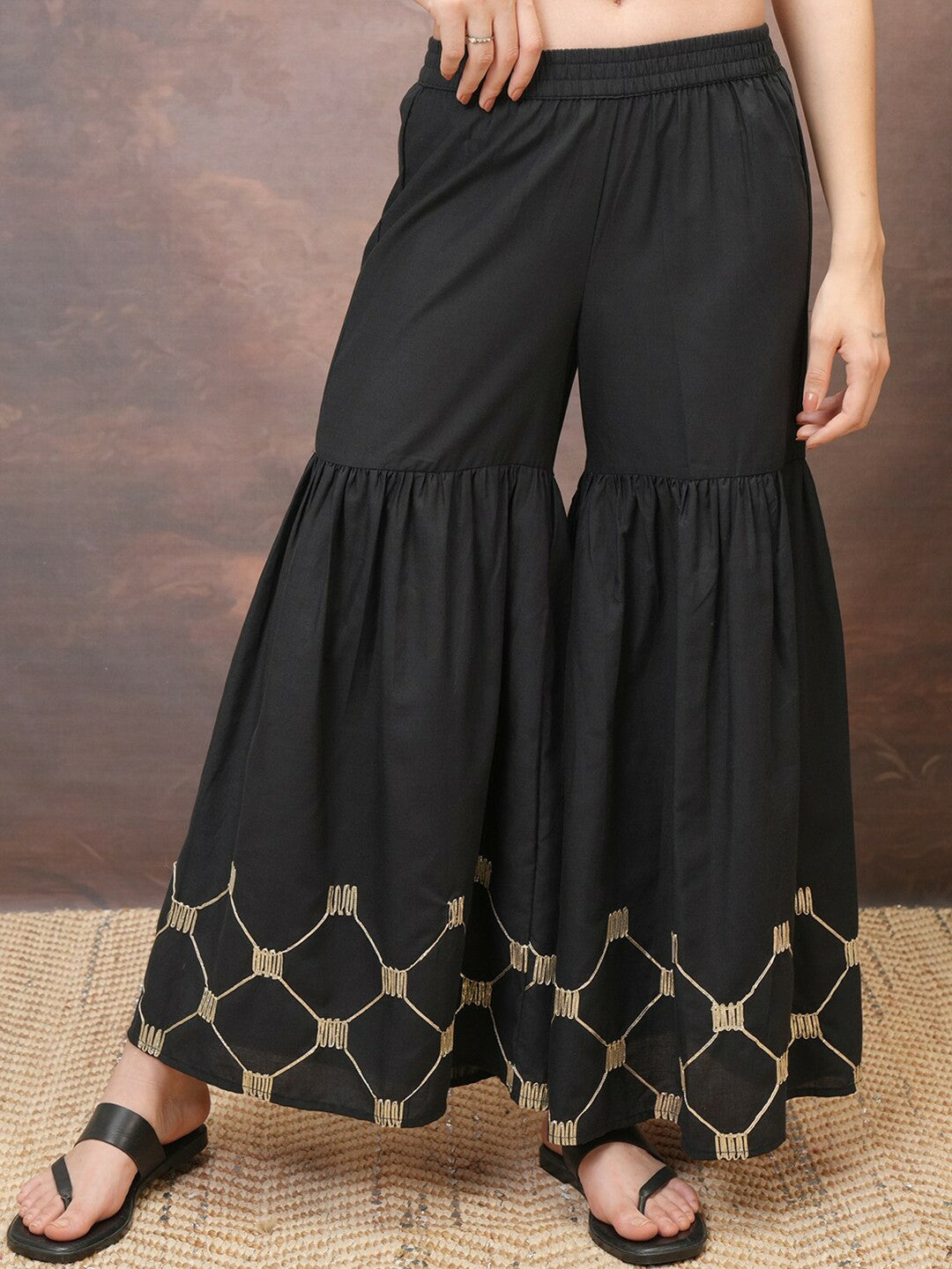 Black & Gold Boho Harem Pants – Flared Peasant Gypsy Palazzos for Women | Indiaista