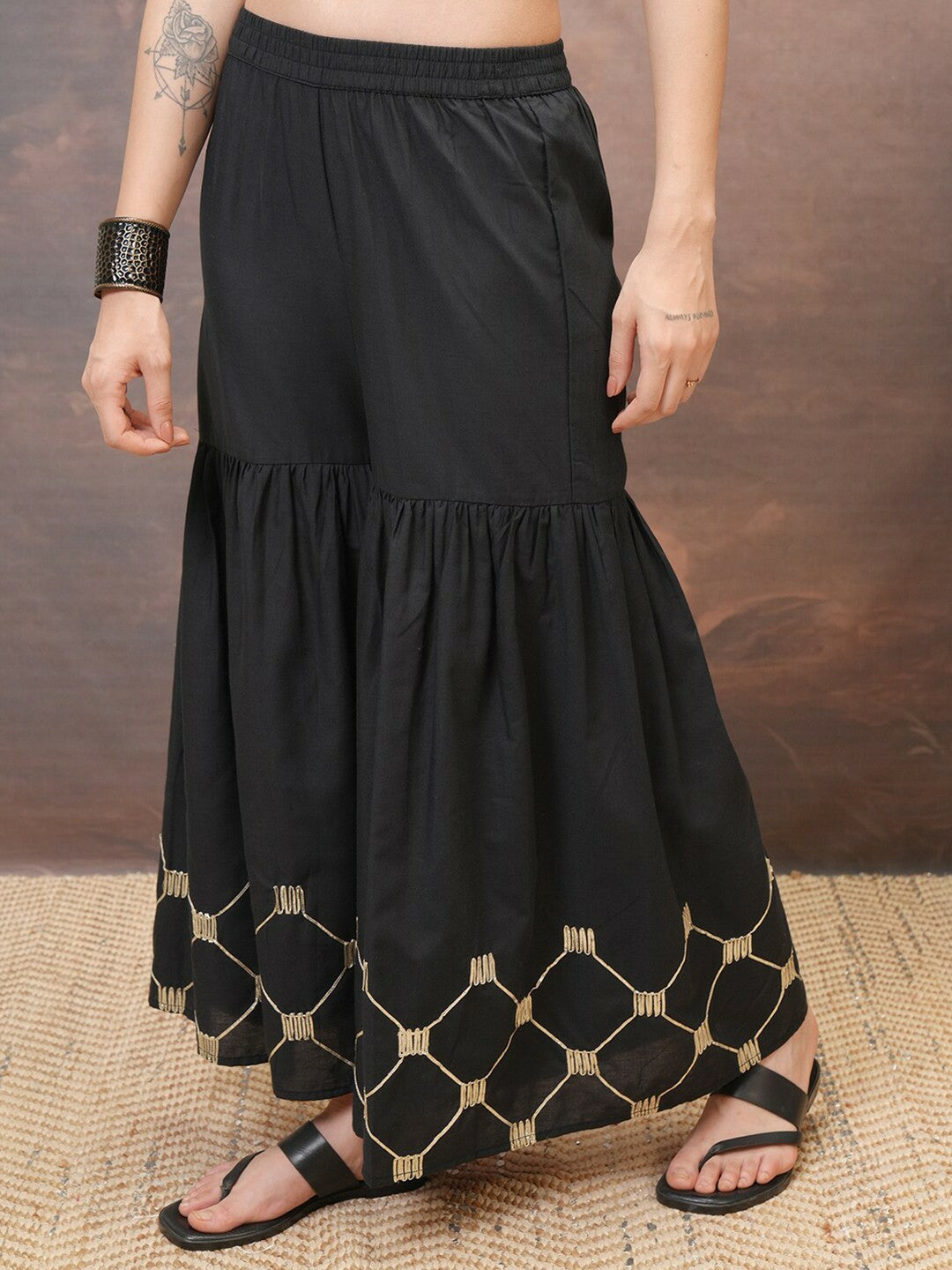 Black & Gold Boho Harem Pants – Flared Peasant Gypsy Palazzos for Women | Indiaista