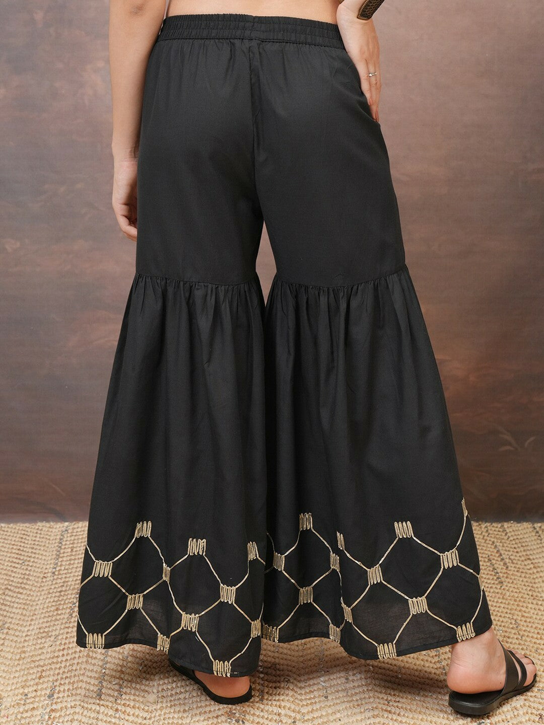 Black & Gold Boho Harem Pants – Flared Peasant Gypsy Palazzos for Women | Indiaista