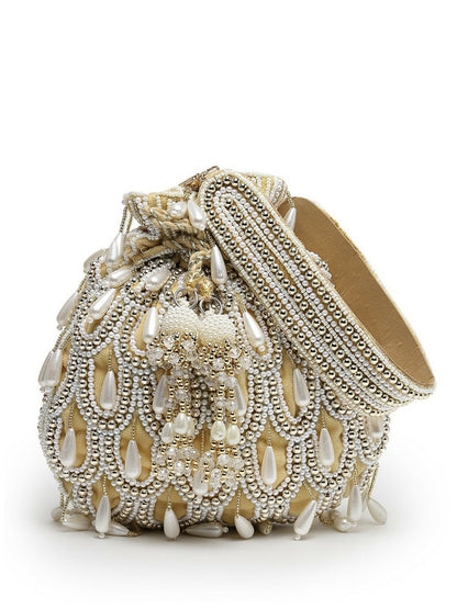 Beige & White Embellished Tasselled Potli Clutch – Ethnic Handbag with Wrist Loop