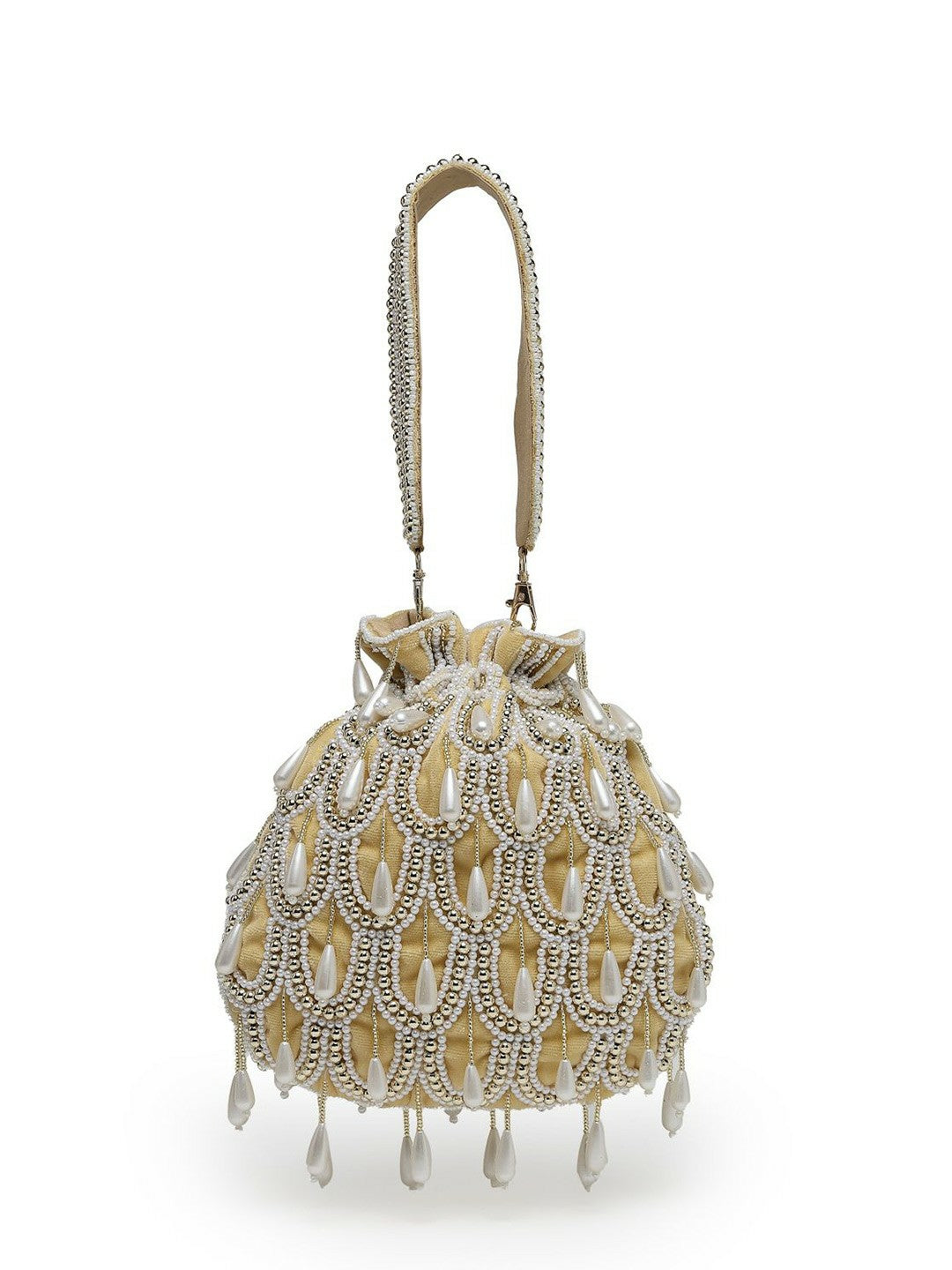 Beige & White Embellished Tasselled Potli Clutch – Ethnic Handbag with Wrist Loop