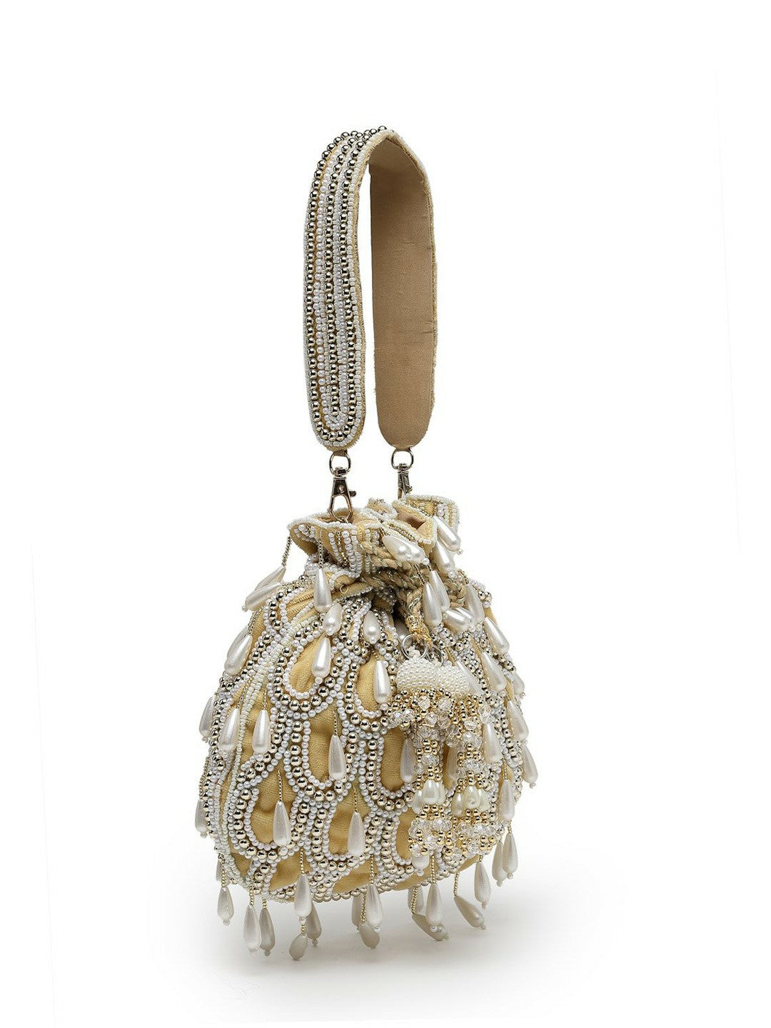 Beige & White Embellished Tasselled Potli Clutch – Ethnic Handbag with Wrist Loop