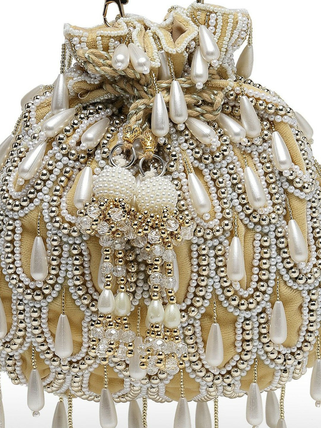 Beige & White Embellished Tasselled Potli Clutch – Ethnic Handbag with Wrist Loop