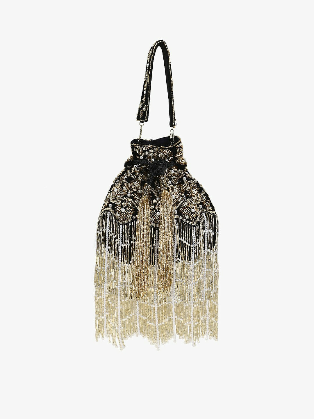 Black & Gold Embellished Tassel Potli Clutch – Velvet Ethnic Handbag for Women