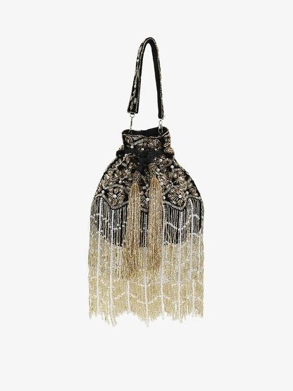 Black & Gold Embellished Tassel Potli Clutch – Velvet Ethnic Handbag for Women