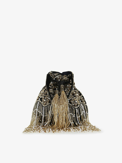 Black & Gold Embellished Tassel Potli Clutch – Velvet Ethnic Handbag for Women