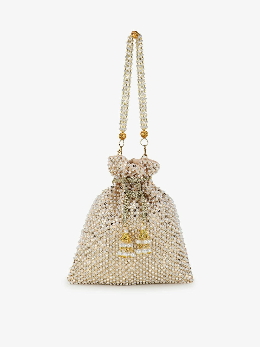 Cream & Gold Sequined Potli Bag – Elegant Faux Silk Handbag from Dangle Collection