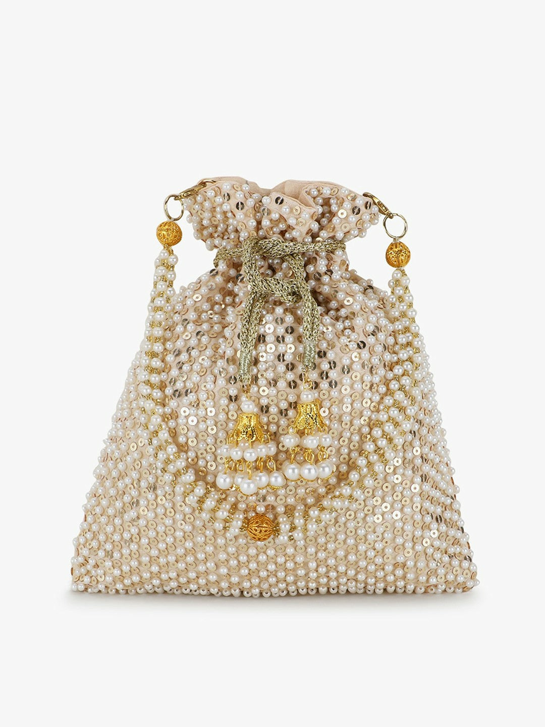 Cream & Gold Sequined Potli Bag – Elegant Faux Silk Handbag from Dangle Collection