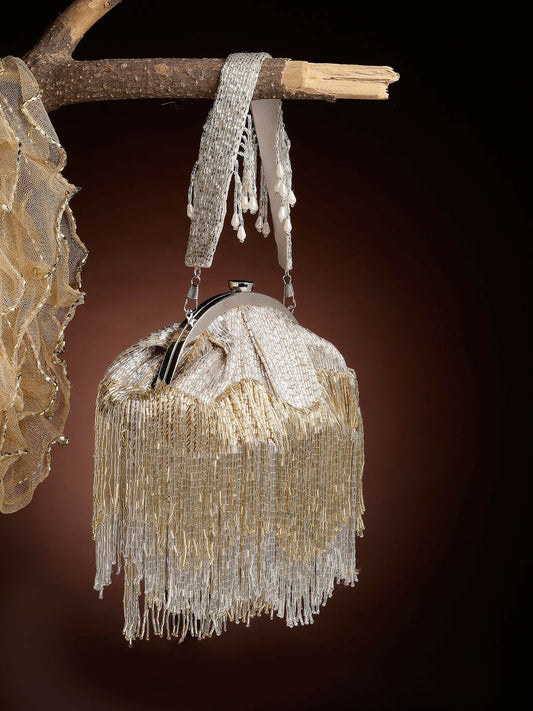 Silver & Gold Embellished Clutch with Tassels – Faux Silk Evening Bag