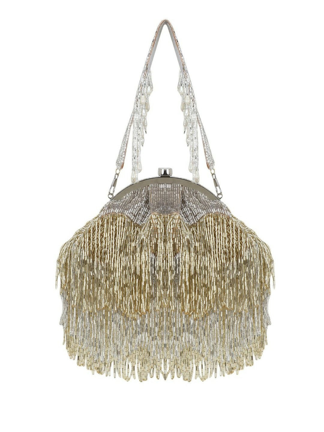 Silver & Gold Embellished Clutch with Tassels – Faux Silk Evening Bag