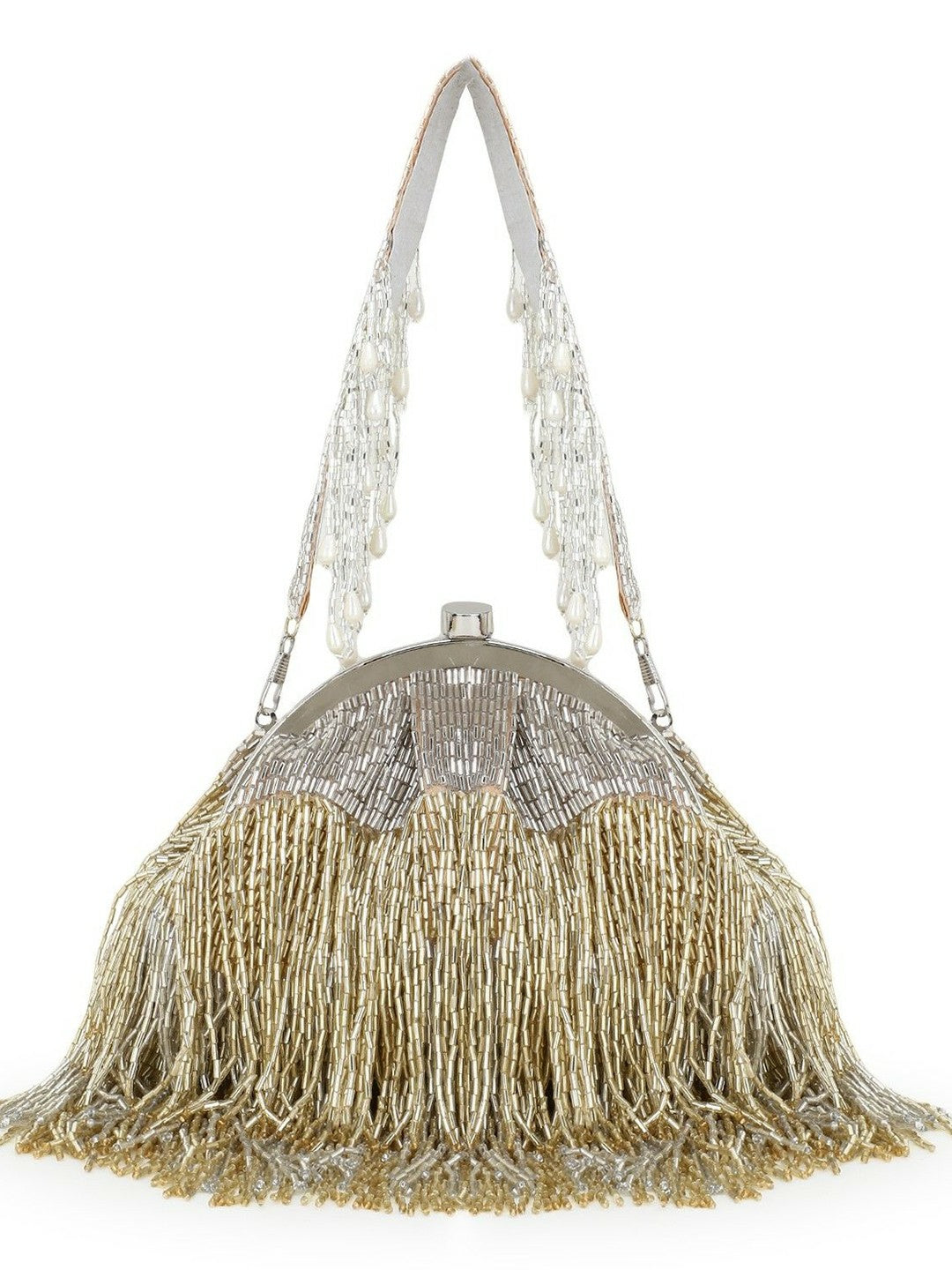 Silver & Gold Embellished Clutch with Tassels – Faux Silk Evening Bag