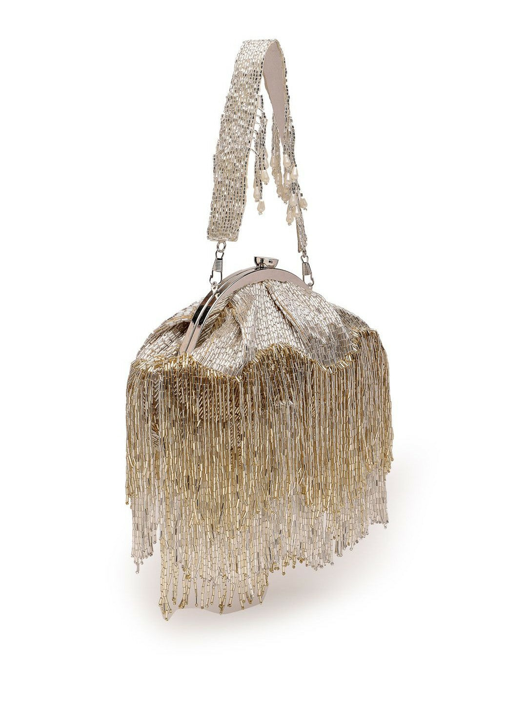 Silver & Gold Embellished Clutch with Tassels – Faux Silk Evening Bag