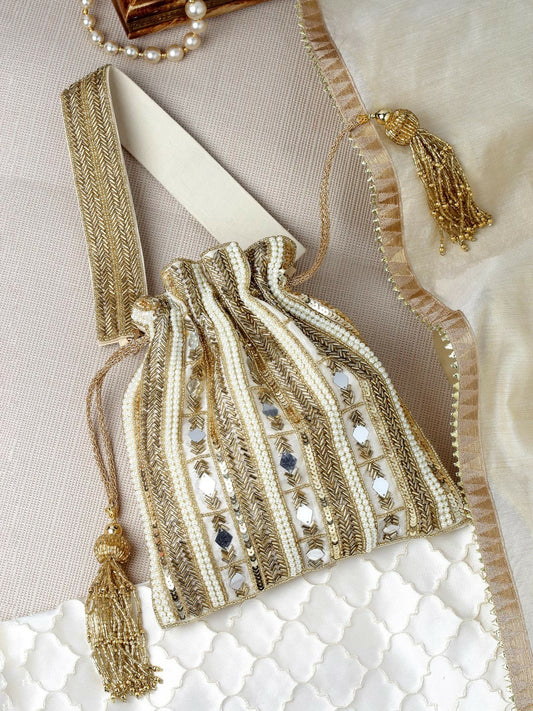 Beige & White Embellished Tasselled Potli Clutch – Faux Silk Ethnic Bag with Wrist Loop