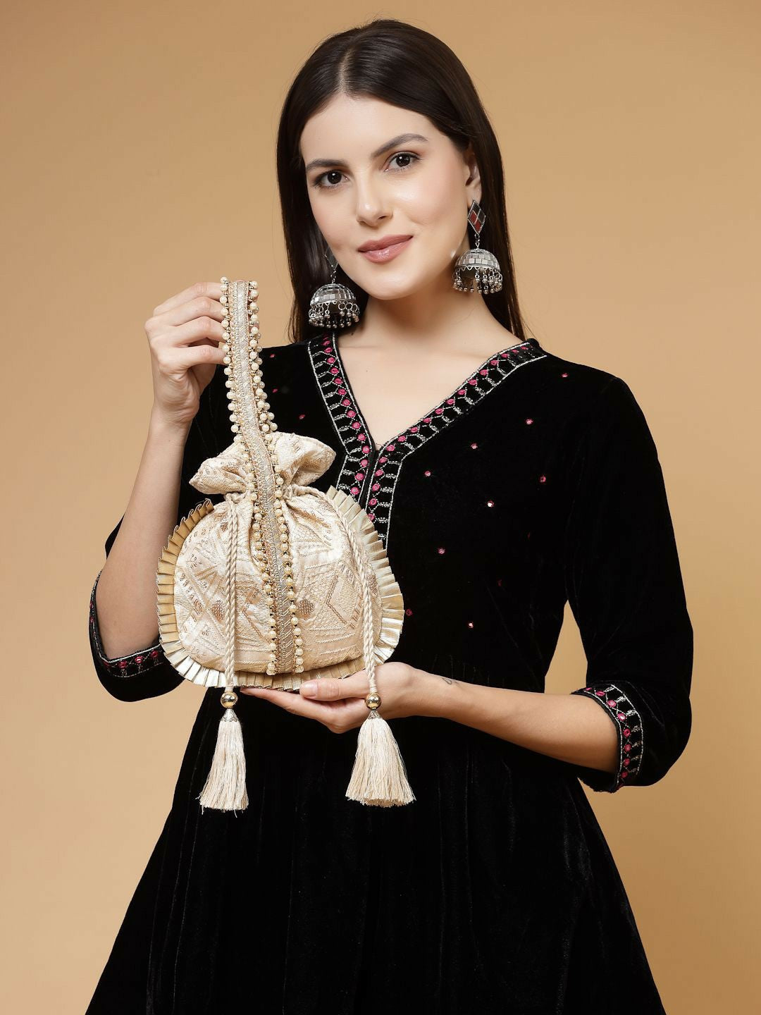 Beige & Gold Embroidered Tasselled Potli Clutch – Ethnic Handbag with Wrist Loop