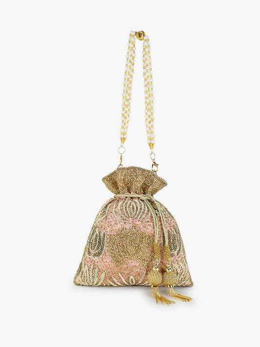 Gold Floral Embellished Potli Bag – Elegant Satin Purse with Detachable Wrist Loop