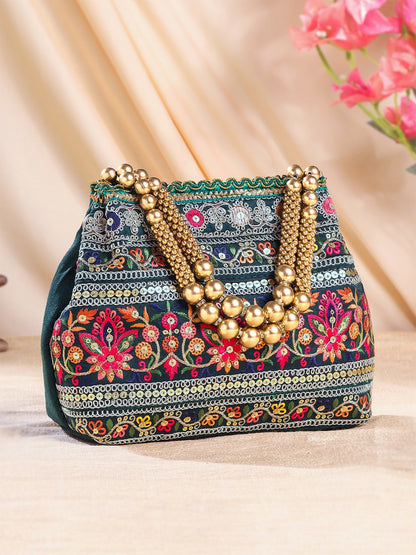 Green & Gold Embroidered Potli Clutch – Ethnic Handbag with Wrist Loop & Zip Closure