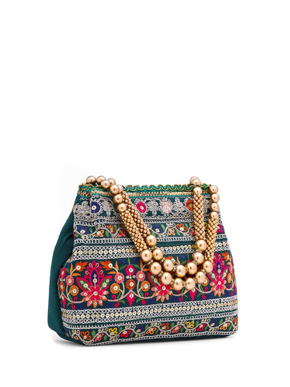 Green & Gold Embroidered Potli Clutch – Ethnic Handbag with Wrist Loop & Zip Closure