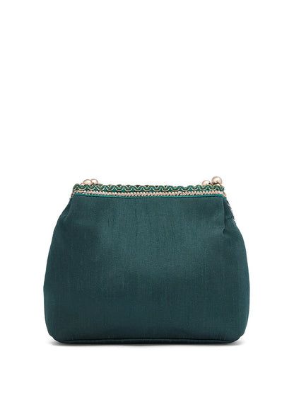 Green & Gold Embroidered Potli Clutch – Ethnic Handbag with Wrist Loop & Zip Closure