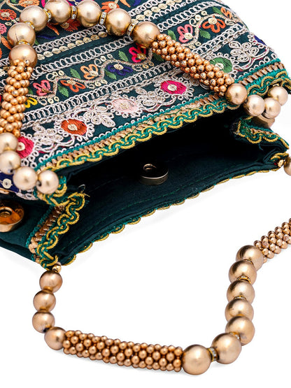 Green & Gold Embroidered Potli Clutch – Ethnic Handbag with Wrist Loop & Zip Closure