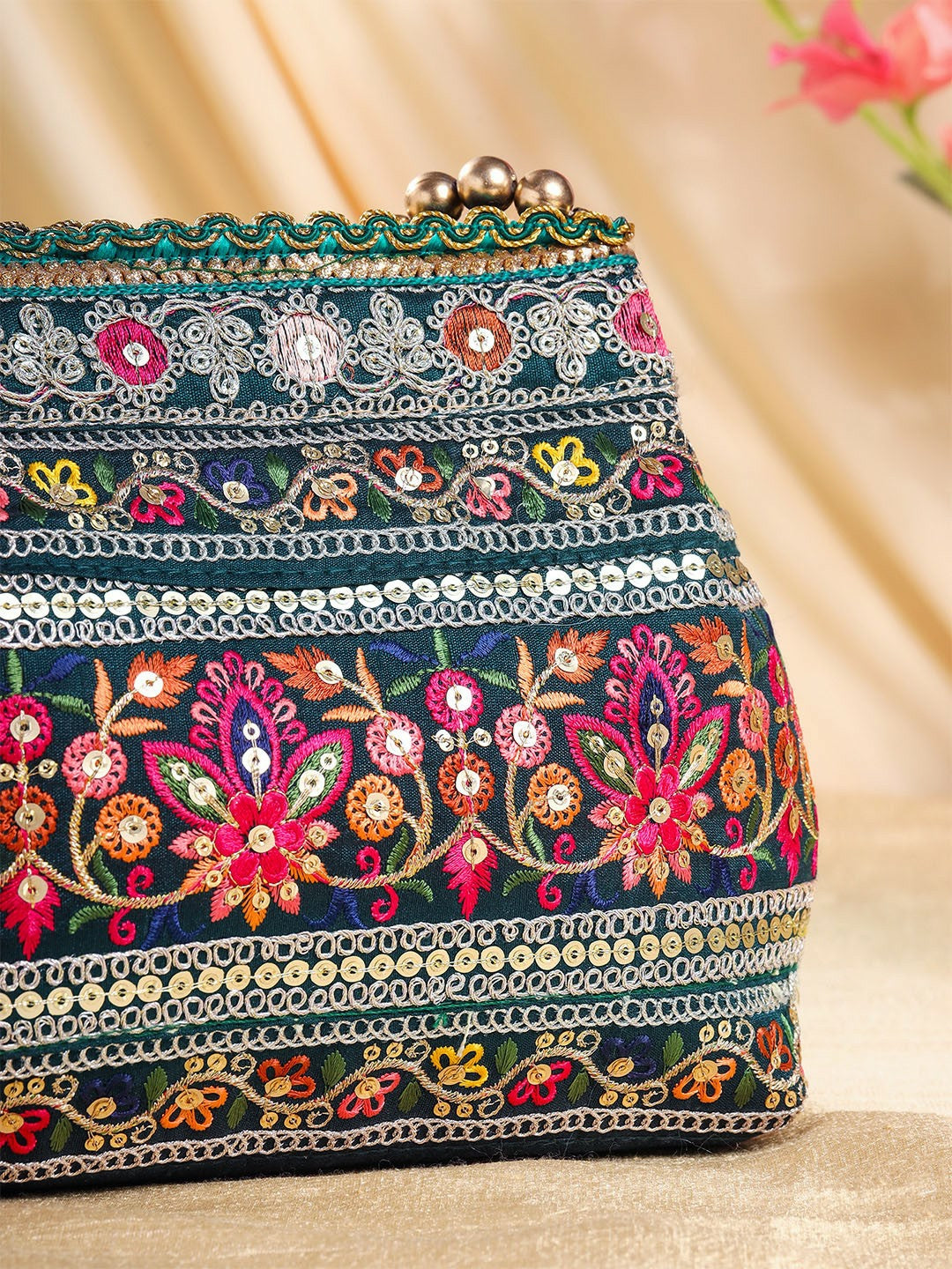 Green & Gold Embroidered Potli Clutch – Ethnic Handbag with Wrist Loop & Zip Closure