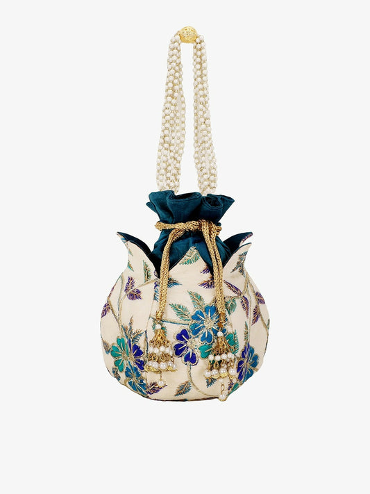 Cream & Blue Embroidered Tassel Potli Clutch – Elegant Faux Silk Bag with Wrist Loop