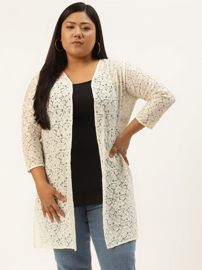 Women Plus Size Off White Longline Cotton Lace Shrug – Elegant & Stylish | Indiaista