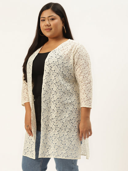 Women Plus Size Off White Longline Cotton Lace Shrug – Elegant & Stylish | Indiaista