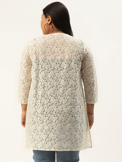 Women Plus Size Off White Longline Cotton Lace Shrug – Elegant & Stylish | Indiaista