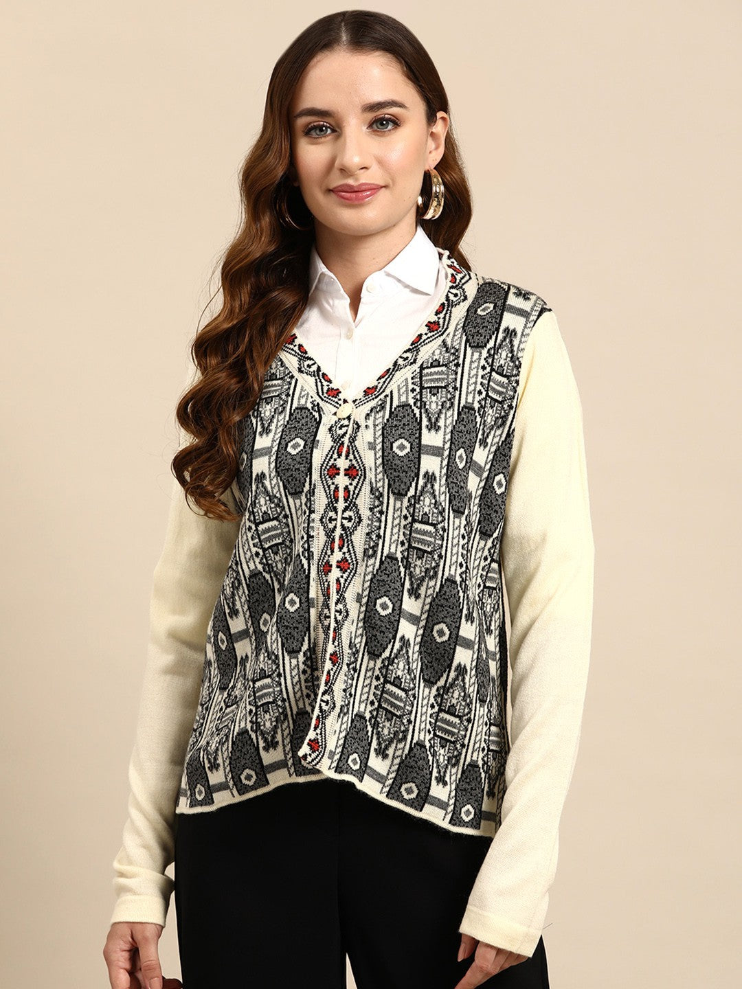 Vintage Boho Geometric Cardigan for Women | Cream & Grey V-Neck Winter Knit