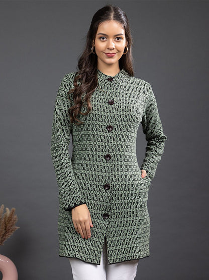 Vintage Bohemian Green Self-Design Cardigan for Women | Handmade Winter Wear with Mock Collar