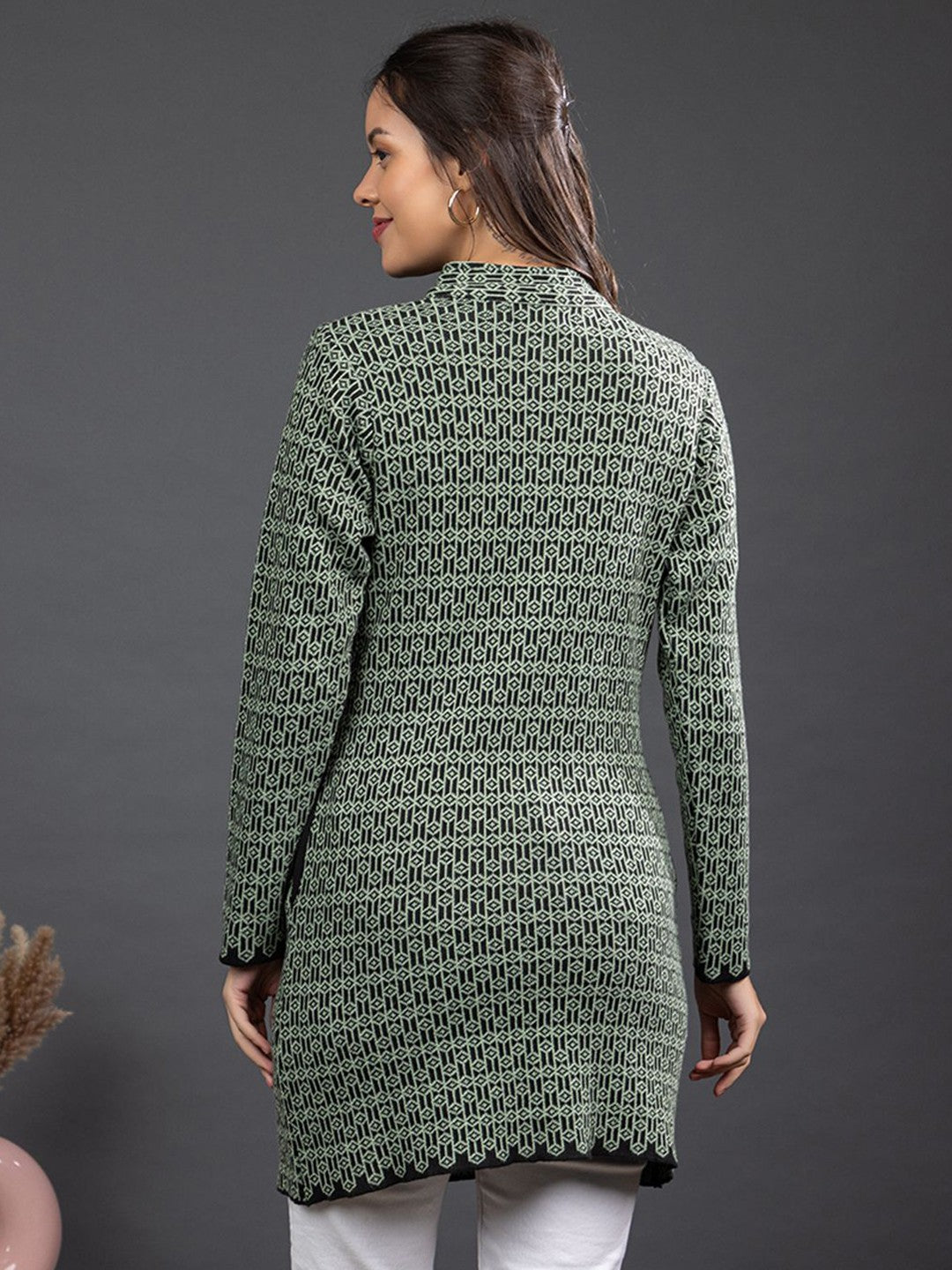 Vintage Bohemian Green Self-Design Cardigan for Women | Handmade Winter Wear with Mock Collar