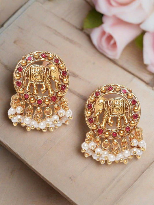 Gold-Plated Elephant Drop Earrings with Stones & Beads