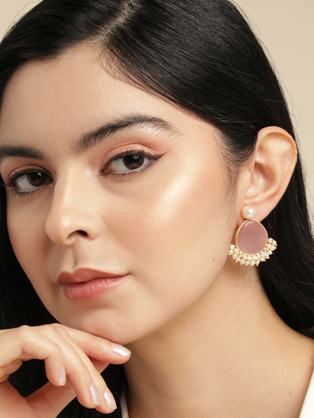 Gold Plated Pink Beaded Teardrop Drop Earrings