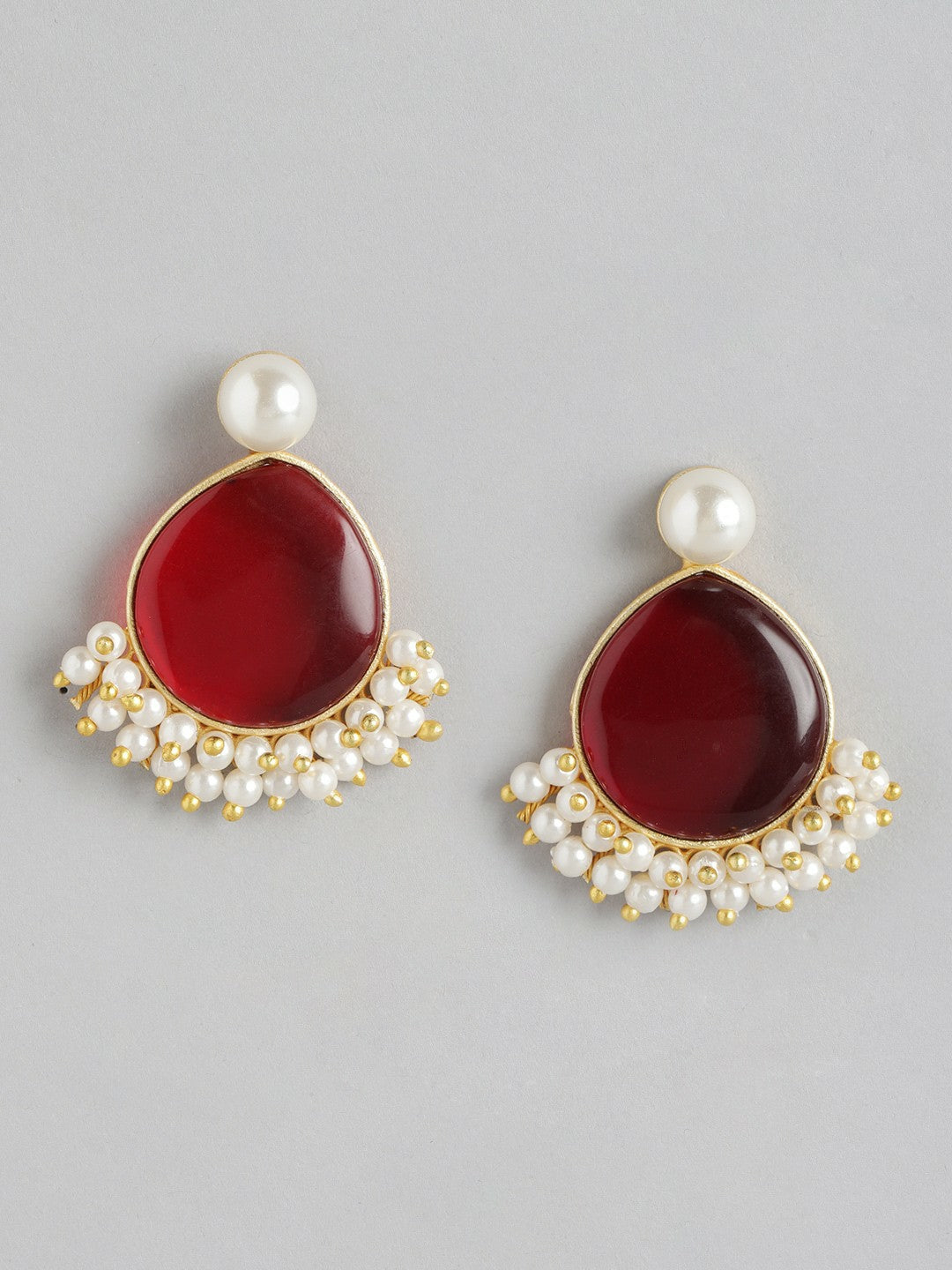 Gold-Plated Maroon Beaded Teardrop Drop Earrings
