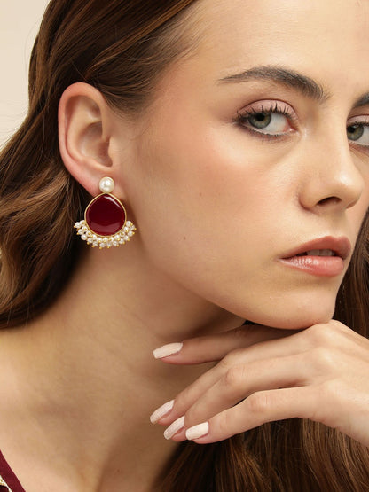 Gold-Plated Maroon Beaded Teardrop Drop Earrings