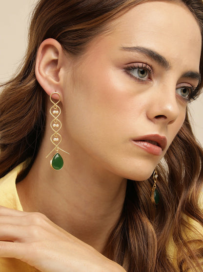 Gold-Plated Green Beaded Teardrop Drop Earrings