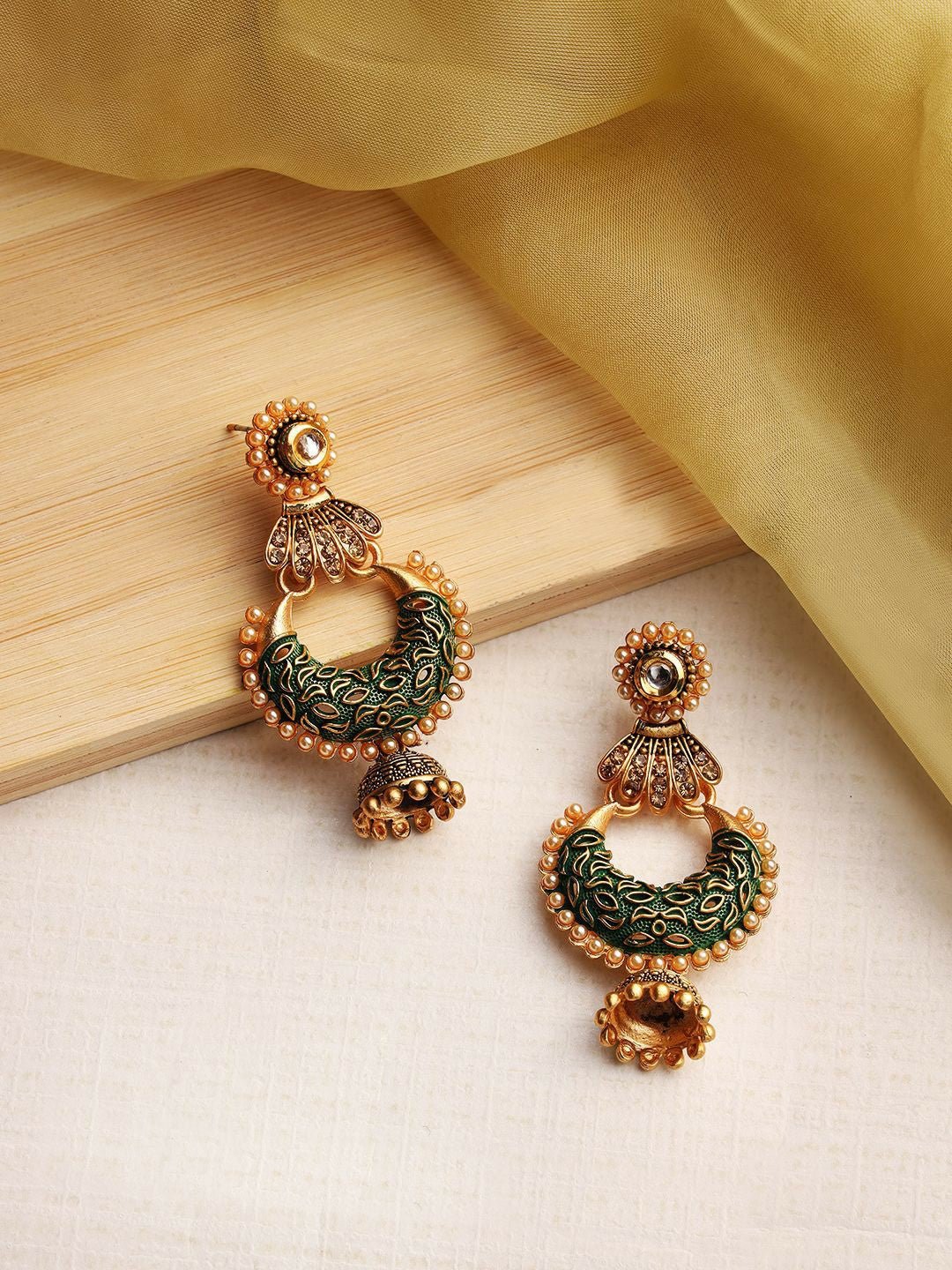 Gold-Plated Green Oxidised Dome Shaped Jhumkas