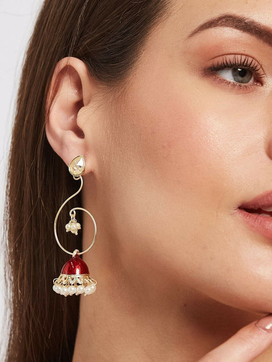 Silver-Plated Red & White Cubic Zirconia Dome-Shaped Jhumkas
