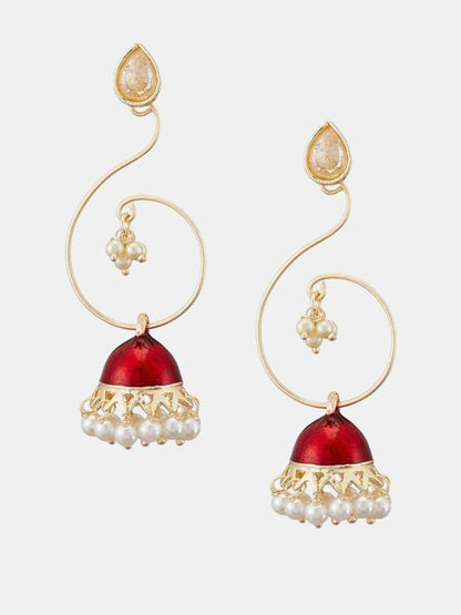 Silver-Plated Red & White Cubic Zirconia Dome-Shaped Jhumkas