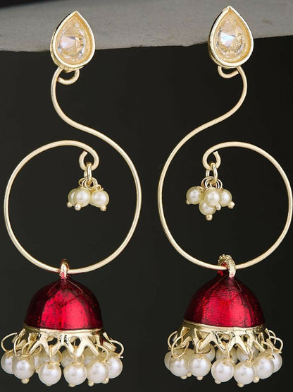 Silver-Plated Red & White Cubic Zirconia Dome-Shaped Jhumkas